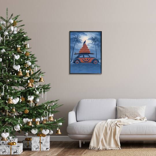 Stupell Industries Spooky Tropical Beach Pumpkin Car Framed Giclee Art